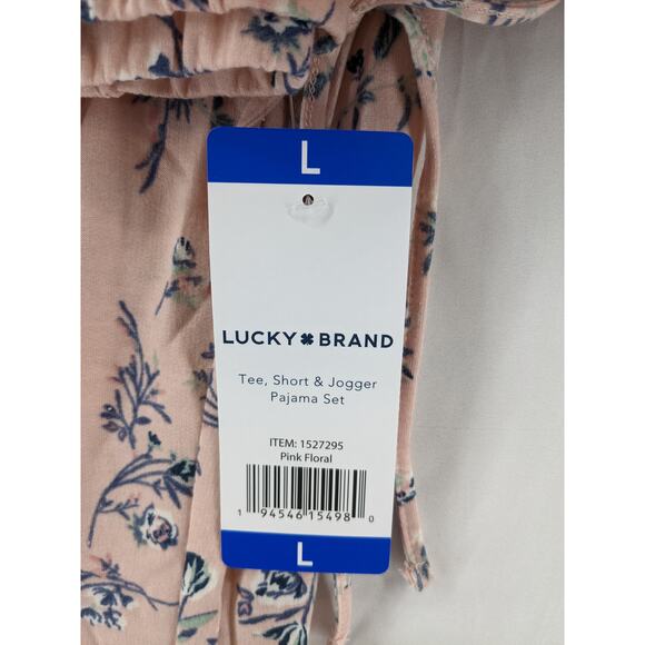 Lucky Brand Pajama Set Floral 3 Piece Shirt Short Jogger Women Pink Large Lounge - Picture 6 of 10